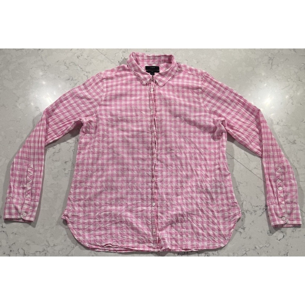 J.Crew Boy Fit Shirt Womens 12 Pink Gingham Plaid Cotton Long Sleeve Button Up